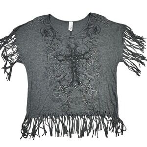 Liberty Wear Womens Gray Rhinestone Cross Fringe Top Large Y2k VTG paper tag USA